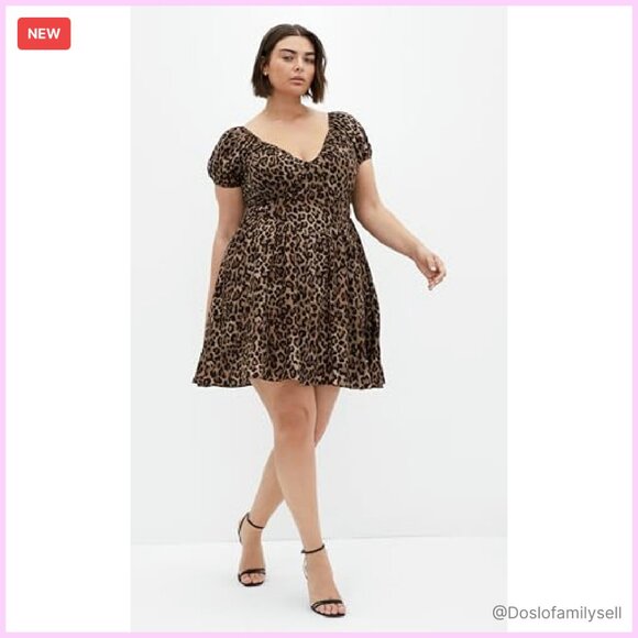 Leopard Print Mini Dress Puff Sleeves Elastic Back Pull On Chic Y2K - Picture 3 of 7